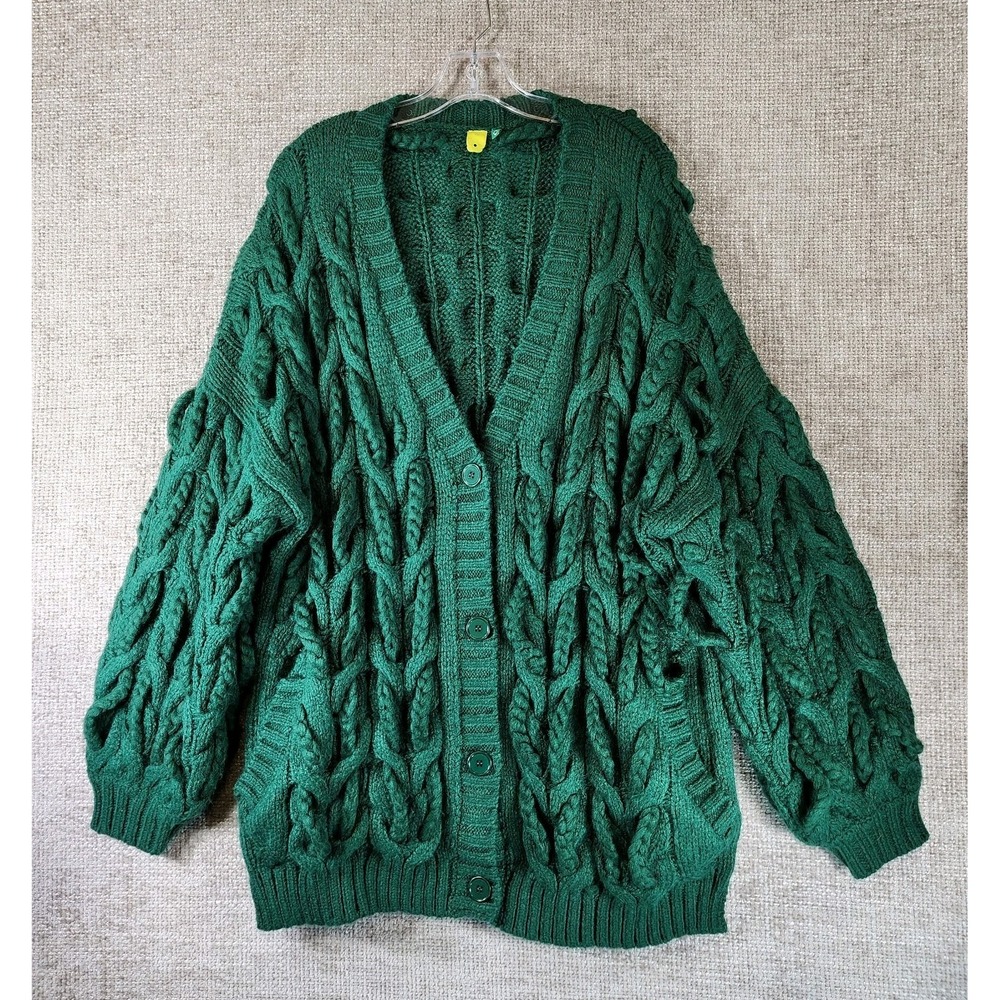 FARM RIO Chunky Knit Braided Cardigan Sweater Womens P Green Oversized Long